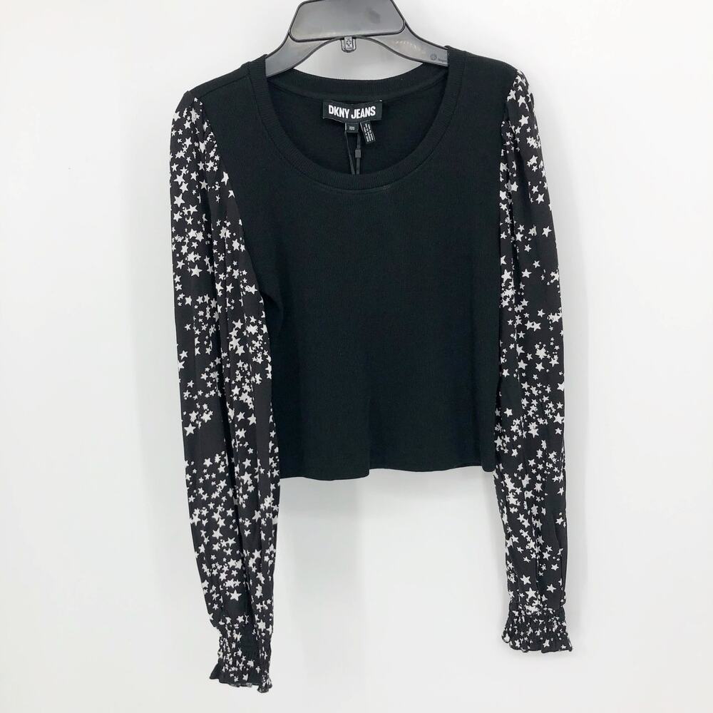 DKNY Womens Star Print Blouse Top XXS Black Ribbed Long Sleeve Career NWT - Picture 3 of 11